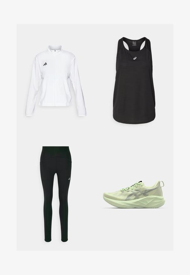 adidas Performance ADIZERO ESSENTIALS - Laufjacke - white; Schwarzes sportliches Tanktop aus leichtem Material. Mit rundem Halsausschnitt, Racerback-Design und kleinem weißen Logo auf der Vorderseite.; Schwarze Leggings mit hohem Taillendesign, die über eine glatte Textur und seitliche Taschen verfügen. Dezente reflektierende Akzente und ein Logo-Detail sind vorhanden.; Hellgrüner Sportschuh mit einem Obermaterial aus Mesh, strukturierten Akzenten und einer dicken, kantigen Sohle für verbesserte Dämpfung und Unterstützung.