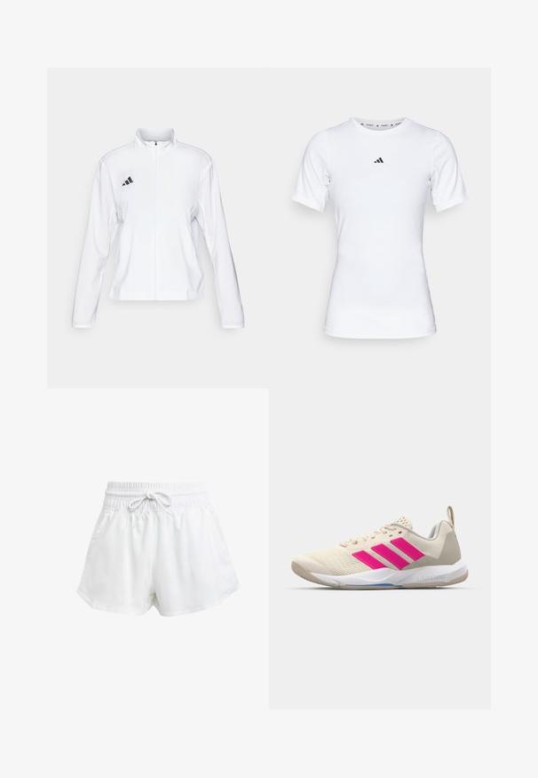 adidas Performance ADIZERO ESSENTIALS - Veste de running - white; T-shirt de sport blanc à manches courtes, fabriqué en tissu lisse et extensible. Doté d'un petit logo noir Adidas sur la poitrine.; Shorts de sport blancs avec une taille élastique et un cordon de serrage réglable. Fabriqués en matériau léger, ils sont dotés de poches latérales et d'une coupe ample.; Baskets de sport beiges avec un logo à trois bandes roses, tige en maille texturée, col rembourré et semelle en caoutchouc blanc, arborant le marquage "LIGHTSTRIKE".