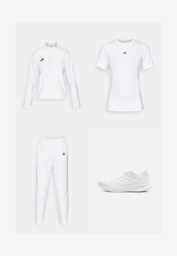 adidas Performance ADIZERO ESSENTIALS - Spordijope - white; Valge lühikeste varrukatega sportlik särk, mis on valmistatud siledast ja venivast kangast. Rinnal on väike must Adidas'i logo.; Valged spordipüksid elastse vöökoht ja pükste alumine serv. Omavad küljetaskuid ja väikest musta logo vasakul reitel. Sile kangast viimistlus.; Valged spordijalatsid, mis on valmistatud võrkmaterjalist, millel on siledisain, ümmargune varvas, struktureeritud konts ja kolm triipu välisküljel.