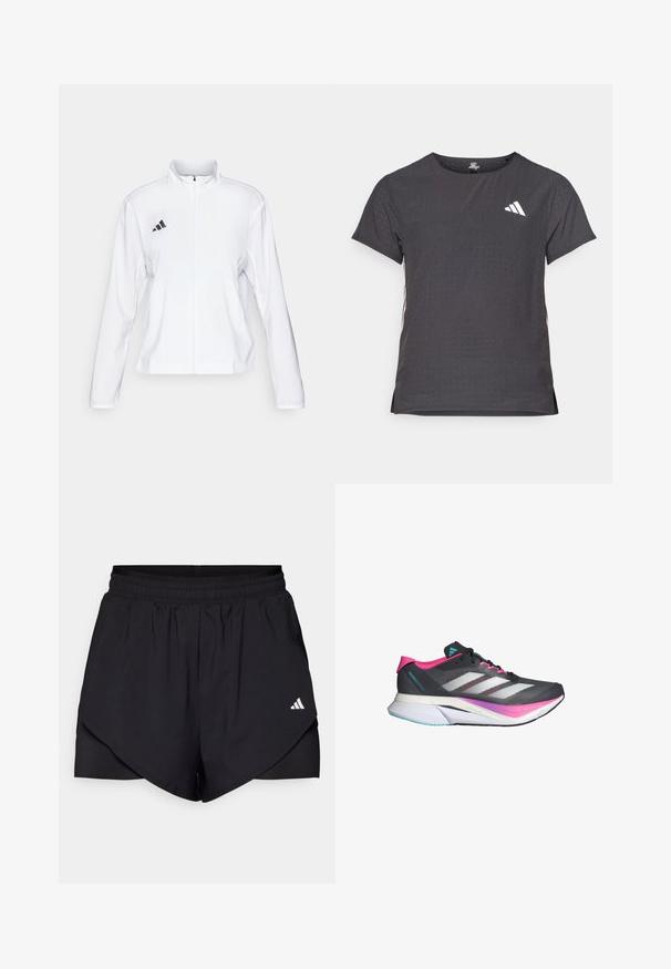 adidas Performance ADIZERO ESSENTIALS - Giacca da running - white; T-shirt atletico a maniche corte, grigio scuro con texture perforata. Presenta un logo bianco e strisce laterali a contrasto. Girocollo.; Pantaloni sportivi neri con un design a strati, realizzati in tessuto leggero. Presentano una vita elastica e un piccolo logo bianco sul lato.; Scarpa da corsa con una tomaia in mesh grigia, dettagli in rosa e strisce bianche. Presenta una suola ammortizzata e un design slanciato e aerodinamico.