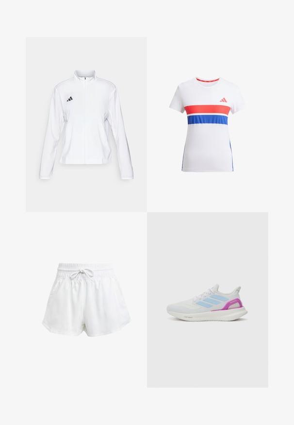 adidas Performance ADIZERO ESSENTIALS - Löparjacka - white; Vitt sportt-shirt med röda och blå horisontella ränder, rund halsringning, korta ärmar och en logotyp på bröstet.; Vita träningsshorts med elastisk midja och justerbar dragsko. Tillverkade av lätt material, med sidofickor och en lös passform.; adidas Performance PUREBOOST 5 - Väglöparskor - white/glow blue/purple burst