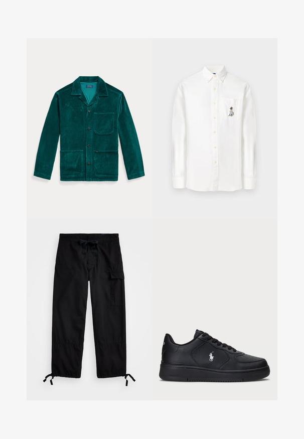 Teal corduroy jacket with a lapel collar, button front, long sleeves, two front pockets, and a chest pocket. Features ribbed texture.; White long-sleeve button-up shirt made of cotton blend, featuring a chest pocket with colorful embroidered design, standard collar, and rounded hem.; Black cargo pants with elastic waistband and drawstring. Features side pockets and adjustable cuffs with toggles. Made of lightweight fabric.; Black leather sneakers with a perforated design, flat lace-up closure, and a white embroidered logo on the side. Thick black rubber sole.