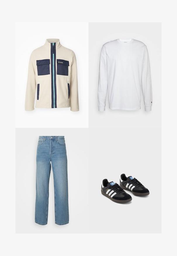 Columbia JUNIPER PEAK™ FULL ZIP - Veste polaire - ancient fossil/collegiate navy; T-shirt blanc à manches longues en coton. Design à col rond avec des poignets côtelés et un petit logo sur la manche gauche. Texture lisse.; Jeans en denim léger bleu clair taille haute avec des jambes droites, fermeture à bouton à l'avant et style à cinq poches sur fond uni.; Des baskets noires avec une tige en suède et en matériaux synthétiques, dotées de trois rayures blanches, d'une semelle en caoutchouc texturé et d'une étiquette de logo bleue sur la languette.