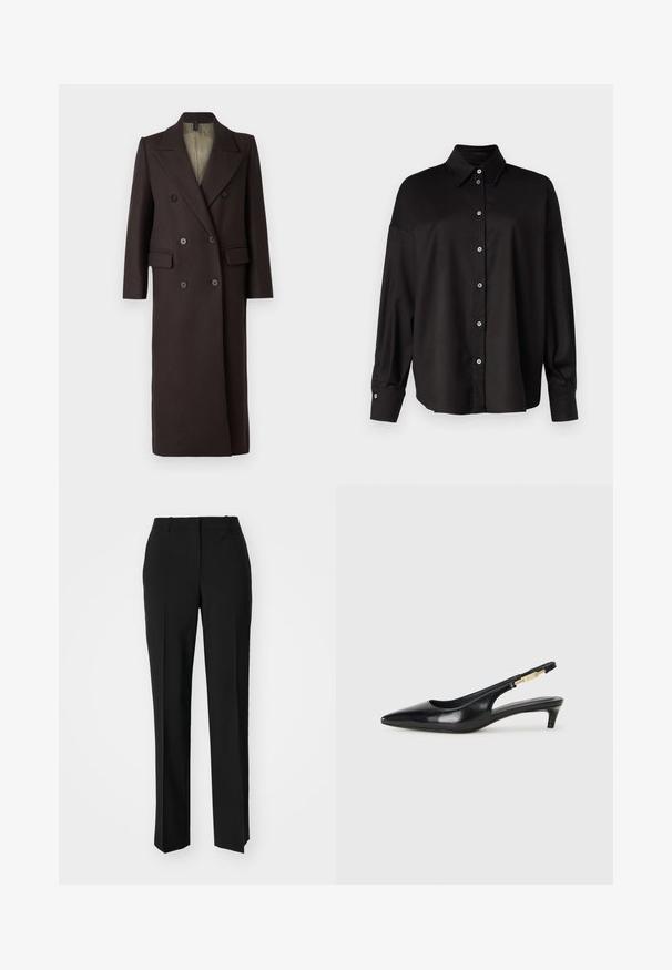 DRYKORN WORCESTER - Klassischer Mantel - brown; DRYKORN LYSILA - Hemdbluse - black; Schwarze, taillierte Hose mit geradem Bein, aus einem glatten Stoff und mit klaren Falten an der Vorderseite. Keine sichtbare Hardware.; Schwarze Leder-Slingback-Pumps mit spitzem Schuhblatt, ausgestattet mit einem schlanken Absatz und einem goldfarbigen Akzent am verstellbaren Riemen. Glatte Textur.