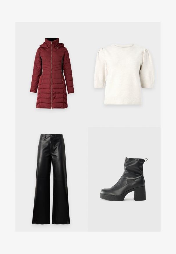 Bordo podložena jakna z zadrgo spredaj, kapuco in črnimi detajli. Ima obližne žepke in prešito teksturo, kar dodaja toplino in slog.; Krem pulover s kratkimi rokavi, narejen iz mehke pletene tkanine, z okroglim ovratnikom, napihnjenimi rameni in rebrastim robom ter robovi rokavov.; Črne široke hlače iz umetnega usnja z visokim pasom, sprednjim gumbom, zadrgo, zanke za pas in stranskimi žepi na beli podlagi.; Črne gležnjarje iz gladke kože z božnim zadrgo, masivnim teksturiranim peto in zaobljeno obliko prstov.