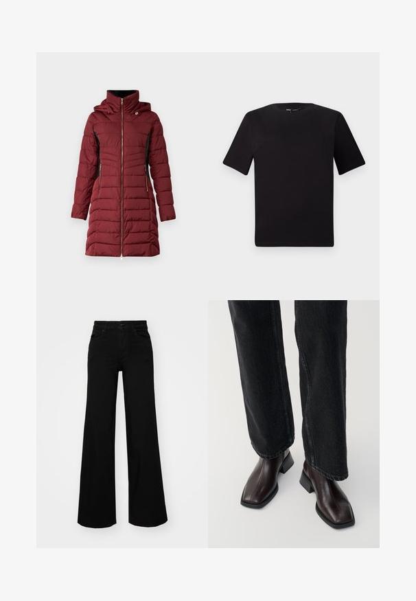 Bordó, steppelt kabát cipzárral, kapucnival és fekete részletekkel. Jellegzetességei a folt zsebek és a steppelt textúra, amely melegséget és stílust ad.; Fekete, rövid ujjú póló, kerek nyakkal, puha pamutból készült. Egyszerű dizájn, nincs látható logó vagy minta.; Fekete, bő szárú farmernadrág, amelynek állítható derékrésze van, övhurkokkal és elülső zsebekkel. Simaság jellemzi, klasszikus dizájnnal.; Barna bőr boka csizma négyzet alakú orral és tömbsarkal, fekete, bő szárú farmerral párosítva. Simább textúra és minimalista dizájn.