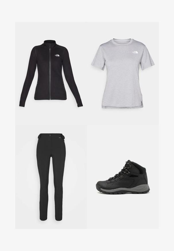 Giacca in pile nera con colletto alto, zip completa e due tasche laterali. Presenta un logo bianco sul lato sinistro del petto. Texture morbida.; T-shirt grigio a maniche corte realizzato in morbido tessuto traspirante. Presenta un collo tondo e un piccolo logo bianco nella parte superiore sinistra.; Pantaloni neri aderenti realizzati in materiale flessibile. Presentano una tasca laterale con zip, ginocchia articolate e una texture liscia.; Stivale da trekking nero con design a metà altezza, dotato di una tomaia texturizzata, accenti grigi e suola in gomma resistente con tasselli per la trazione.