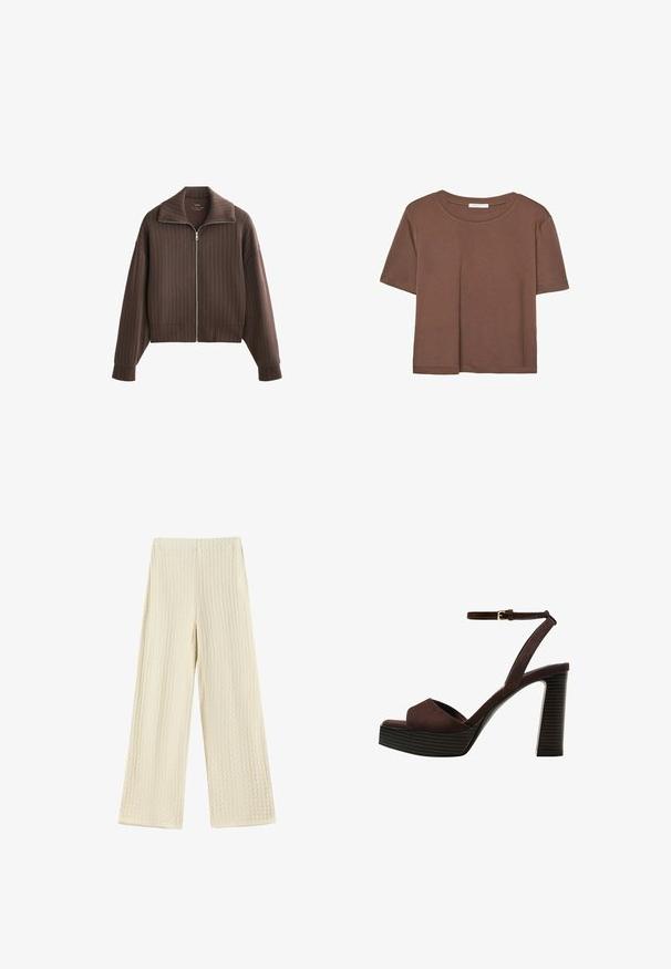 Rjava jakna na zadrgo s širokim ovratnikom in dolgimi rokavi, ki ima navpične črte in skrajšan dizajn. Mehka tkanina z gladko teksturo.; Rjava kratka majica s kratkimi rokavi iz mehkega materiala, s krožnim izrezom in ohlapnim krojem. Brez vidnih vzorcev ali dodatkov.; Široke hlače iz teksturirane krem tkanine. Oblikovanje vključuje valovito strukturo, z visokim pasom in dolžino hlač do tal.; Rjave semiš sandale z visoko peto, odprto spredaj, z nastavljivim gležnjenjem in črtastim podplatom.