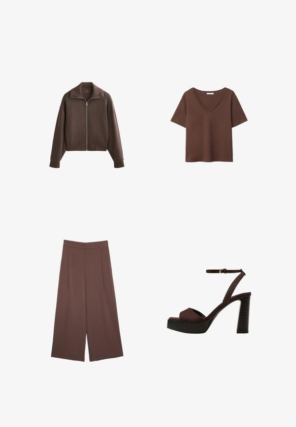 Veste zippée marron avec un large col et des manches longues, présentant des rayures verticales et un design court. Tissu doux avec une texture lisse.; T-shirt en coton brun avec des manches courtes et un décolleté en V profond. Design simple, texture douce et ourlet droit. Pas de motifs ni d'accents.; Pantalons larges marron avec une texture lisse, dotés d'une taille haute et de plis à l'avant. Le tissu est léger et tombe de manière fluide.; Sandale à talons hauts en suede marron avec un bout ouvert, une bride de cheville réglable et une semelle de plateforme rayée.