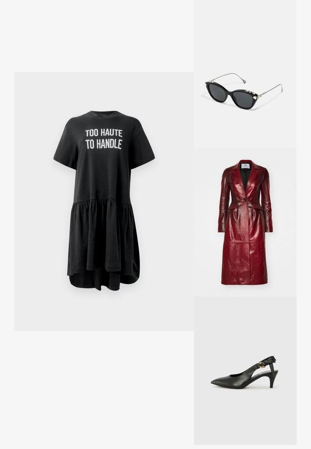 Punane nahktagin pikk jakk, millel on struktureeritud bleiseri disain, ühekohaline nööp, lõhega krae ja tekstureeritud muster.; Must mustriga kleit lühikeste varrukatega, laieneva pahemikuga, volditud seelik ja valge tekst "TOO HAUTE TO HANDLE" ees. Puuvillane kangas.; Must musträkkidega must nahast slingback-kontsaking, millel on terav nina, väike konts ja pandla detail pahkluu rihmal. Sile tekstuur, minimalistlik disain.; Mustmust mustanäoga prillid hallide objektiividega, metallraamiga ja dekoratiivsete kristallidega ülemisel serval. Minimalistlik disain, sujuvate joontega.; Mustmust leatherist kott, millel on struktureeritud disain, kahekordne ülemine käepide, eemaldatav rihm ja kuldne pandlaaksent horisontaalsel ribal.