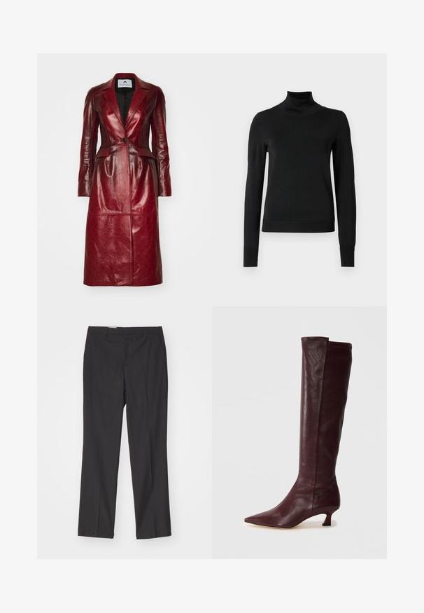 Raudonas odinis ilgasis paltas su struktūrizuotu švarku, vieno mygtuko uždarymu, įpjovomis apykaklėmis ir tekstūruotu raštu.; Juoda ilgomis rankovėmis turtleneko tipo megztinis su rebruotomis rankovėmis ir apačia, eksponuojamas ant paprasto balto fono.; Juodos pritaikytos kelnės su tiesiu kirpimu, turinčios diržo kilpas ir lygų tekstūrą, pagamintos iš lengvos medžiagos.; Burgundi odiniai aukšti batai su smailiu nosiu ir plonu kitten kulnu. Glotni tekstūra su minimaliais dekoratyviniais elementais ir prigludusi siluetu.