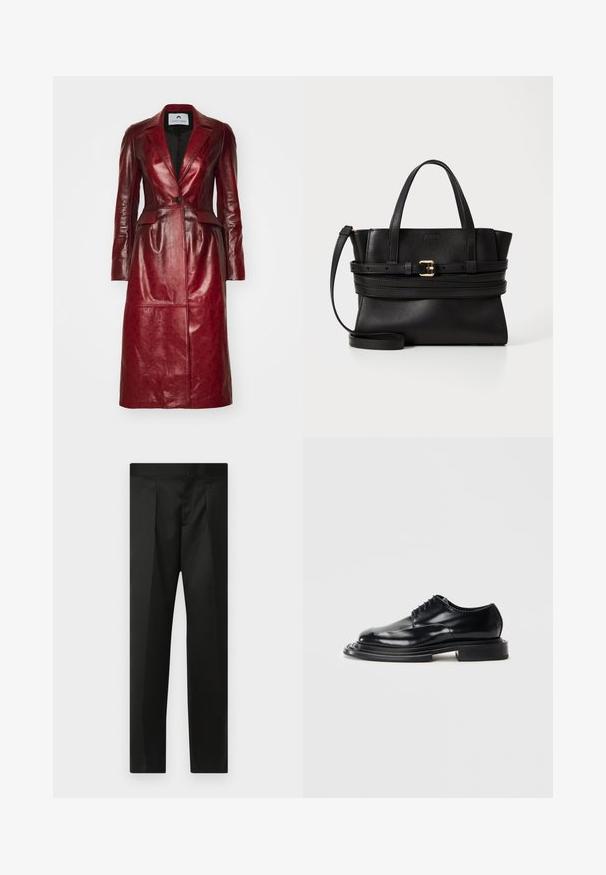 Rode leren lange jas met een gestructureerd blazerontwerp, enkele knoopsluiting, ingesneden revers en een textuurpatroon.; Zwart katoenen t-shirt met korte mouwen en ronde halslijn, met witte tekst die "TOO HAUTE TO HANDLE" op de voorkant weergeeft.; Zwarte broek van soepele stof, met een nauwsluitend ontwerp, rechte benen en een platte tailleband zonder zichtbare sluitingen of zakken.; Zwarte leren schoen met een glanzende afwerking, afgeronde neus, veters en een dikke, vlakke zool. Beschikt over een gelaagd, gesculptuurd ontwerp.; Zwarte leren handtas met gestructureerd ontwerp, dubbele handvatten bovenaan, afneembare schouderband en gouden gespaccent op een horizontale band.