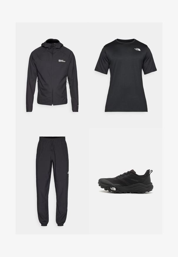 Giacca leggera nera con chiusura a zip e cappuccio. Caratteristiche includono tasche laterali e un logo sulla parte sinistra del petto.; T-shirt nero a maniche corte realizzato in tessuto leggero e traspirante. Presenta un logo bianco sul lato sinistro del petto e un collo a giro.; Pantaloni sportivi neri realizzati in tessuto leggero, con vita regolabile con cordino, tasche laterali e orli affusolati alle caviglie.; Scarpa da trail running nera con tomaia texture, suola in gomma e punta rinforzata. Presenta un collare imbottito e un tassello per un indossamento facile.
