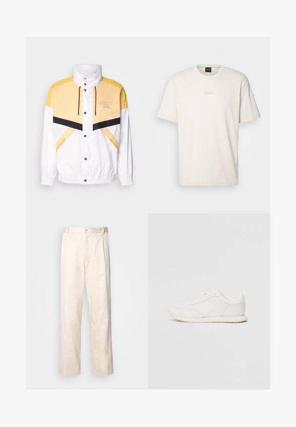 Valge tuulejope, millel on kollased ja mereväeblue aktsendid, kõrge krae, reguleeritav nöör ja nupud. Kerge ja sile tekstuur.; BOSS TEE - Lihtne T-särk - open white; Beesidised puuvillased püksid sirge jala lõikega, mis on varustatud nööpkinnituse ja ees olevate voltidega, et lisada detaili.; Valged tennisesid, millel on võrgust ja sünteetilisest materjalist ülemine osa, ümar varvas, lamedad paelad ja tekstureeritud külgmine triip. Kummist tallaosa, tagaküljel tõmbetab.