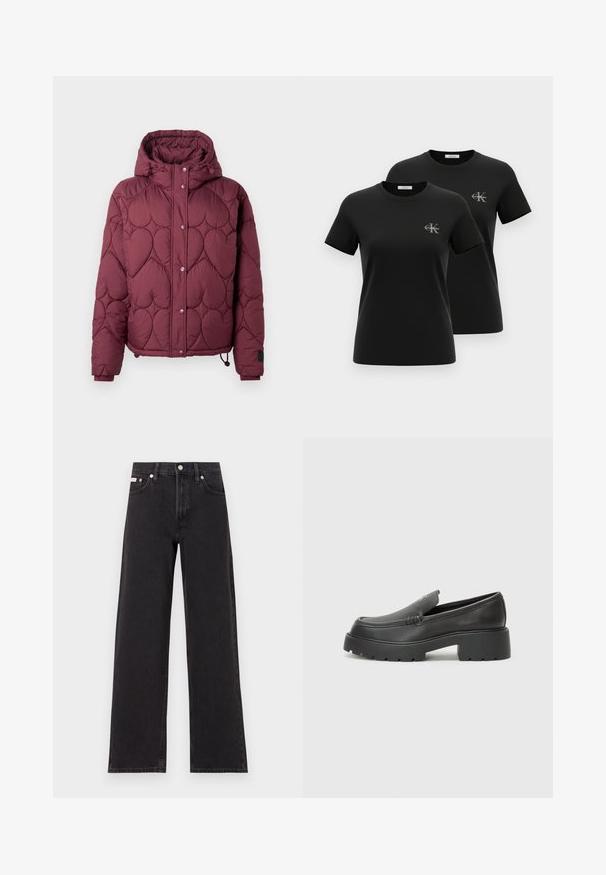 Casaco puffer bordeaux com capuz, apresentando um design acolchoado em forma de coração, botões de pressão na frente e punhos elásticos com cordão ajustável na bainha.; Duas t-shirts pretas de manga curta com decote redondo e pequenos logotipos cinzentos "CK Calvin Klein" no lado esquerdo do peito, apresentadas num fundo branco.; Jeans de perna larga pretos feitos de denim, apresentando uma cintura alta, estilo de cinco bolsos e um fecho em botão de metal com costura contrastante.; Mocassins de couro preto com bico arredondado, sola espessa e texturizada, e detalhes de costura minimalistas. Design elegante sem atacadores ou ferragens visíveis.