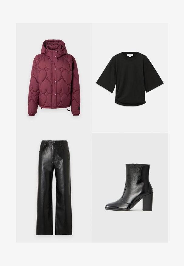 Bordeauxkleurige gewatteerde jas met capuchon, voorzien van een hartvormig quiltontwerp, voorzijde met drukknoopsluiting en elastische manchetten met een verstelbaar trekkoord aan de onderkant.; Zwarte korte mouwen t-shirt van zachte katoen, met een ronde halslijn en een ontspannen pasvorm, voorzien van een subtiele geplooide detail aan de zijkant.; Zwarte lederen broek met wijde pijpen en een glanzende afwerking, voorzien van steekzakken aan de voorkant, een ritssluiting en een knoopsluiting. Overal een gladde textuur.; Zwarte leren enkelboot met een gladde textuur, spitse neus en een gedurfde hoge hak. Beschikt over een zijopening en een minimalistisch ontwerp.