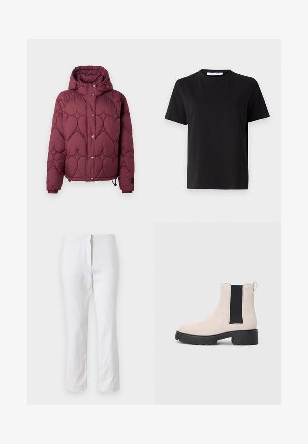 Bordo puffer jakna s kapuljačom, koja ima dizajn u obliku srca sa šavovima, prednje dugmadi na kopčanje i elastične manžete s podesivom vezicom na rubu.; Crna kratka majica s kratkim rukavima od mekanog pamuka, s okruglim izrezom, opuštenim krojem i glatkom teksturom. Nema vidljivih uzoraka ili grafike.; Bijele pamučne hlače ravnog kroja, sa strukom srednje visine i bez vidljivih metalnih dijelova ili uzoraka. Glatka tekstura kroz cijelu dužinu.; Bež nubuk Chelsea čizme s crnim elastičnim bočnim panelom, debelim crnim đonom i trakicama za povlačenje na članku.
