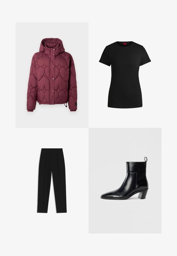 Maroon puffer jacket with a hood, featuring heart-shaped quilted design, front snap buttons, and elastic cuffs with adjustable drawstring at the hem.; Black cotton t-shirt with short rolled sleeves, a round neckline, and a red label. Smooth texture, fitted shape with minimal detailing.; Black trousers with a straight fit, featuring double pleats, a smooth texture, and a classic waistband design. No visible hardware or accents.; Black leather ankle boot with a pointed toe, a geometric stacked heel, and a pull tab at the back. Smooth texture and sleek design.