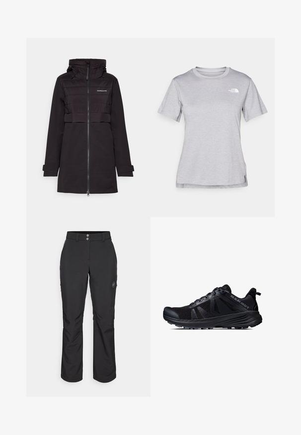 Didriksons HELLA WNS PARKA - Softshelljacke - black; Graues T-Shirt mit kurzen Ärmeln aus weichem, feuchtigkeitsableitendem Stoff. Hat einen Rundhalsausschnitt und ein kleines weißes Logo auf der oberen linken Seite.; Schwarze Outdoor-Hosen mit geradem Schnitt, Knopfverschluss, seitlichen Reißverschlusstaschen und einem Logo-Patch auf dem linken Oberschenkel.; Schwarzer Trailrunning-Schuh mit einem Obermaterial aus Mesh und Gummisohle. Mit strukturierten Überzügen, verstärkter Zehenkappe und Markenlogo an der Ferse.