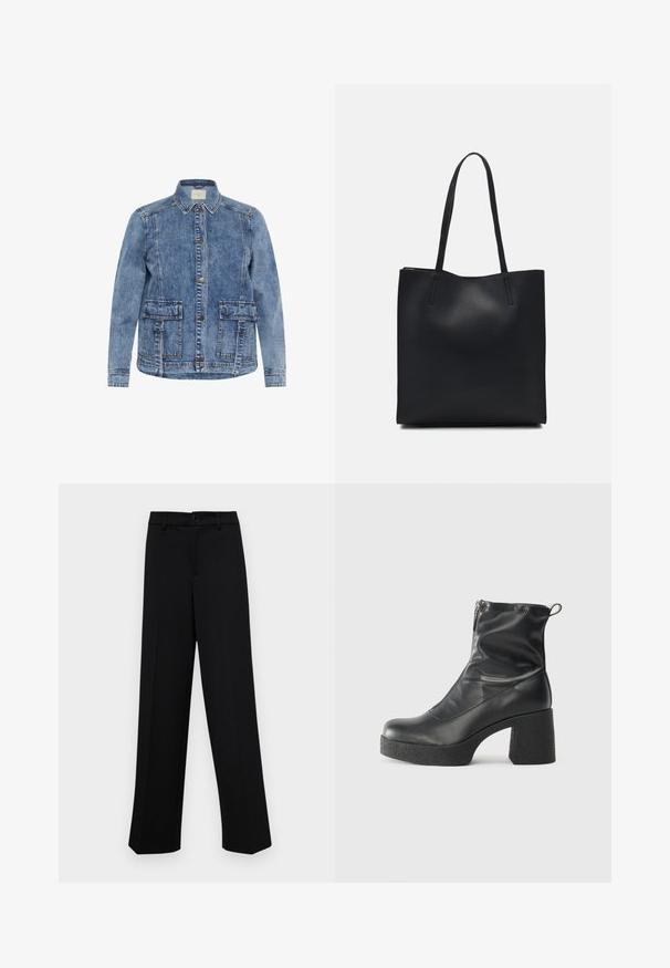 Heleda sinine teksajakk, millel on krae, ees nuppudega sule ja kaks suurt pealeõmblustaskut. Omab kontrastset tikandit ja lõdva istuvust.; Must olema lühikeste varrukatega must t-särk ümmarguse kaelusega, valmistatud pehmest puuvillast kangast. Lihtne disain, ilma nähtavate logode või mustriteta.; Musta laiad püksid siledast kangast, millel on klassikaline vöökoht, nööbiga sulgemine ja ees voldid.; Mustad mustad ansapüksid, mis on valmistatud siledast nahast, külje zipperiga, paksu tekstuuriga kontsaga ja ümmarguse nina disainiga.; Mustast nahast kott sujuva tekstuuriga, ristkülikukujuline ja kahe pika sangaga. Pole nähtavat riistvara ega kaunistusi.