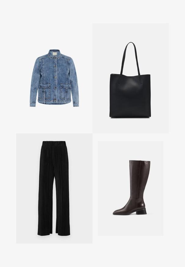 Vaaleansininen farkkutakki, jossa on kauluksellinen kaula, etupuolella napitus ja kaksi suurta päällystaskua. Takissa on erottuva ompelu ja rento leikkaus.; Kahvinsävyinen lyhythihainen t-paita, joka on valmistettu pehmeästä kankaasta. Pyöreä pääntie ja rento malli. Ei näkyviä kuvioita tai koristeita.; Mustat pleatatut housut, joissa on joustava vyötärö. Ominaisuuksiin kuuluvat leveät lahkeet ja sileä, teksturoitu kangas, jossa on pystysuoria raitoja.; Knee-high ruskeat nahkasaappaat, joissa on sileä pinta, pyöreä kärki ja pinoontuva musta korko. Yksinkertainen muotoilu, jossa on vain vähän metalliosia.; Mustapahkainen kangaskassi, jossa on sileä pinta, suorakaiteen muotoinen ja kaksi pitkää kahvaa. Ei näkyvää metalliosaa tai koristeita.