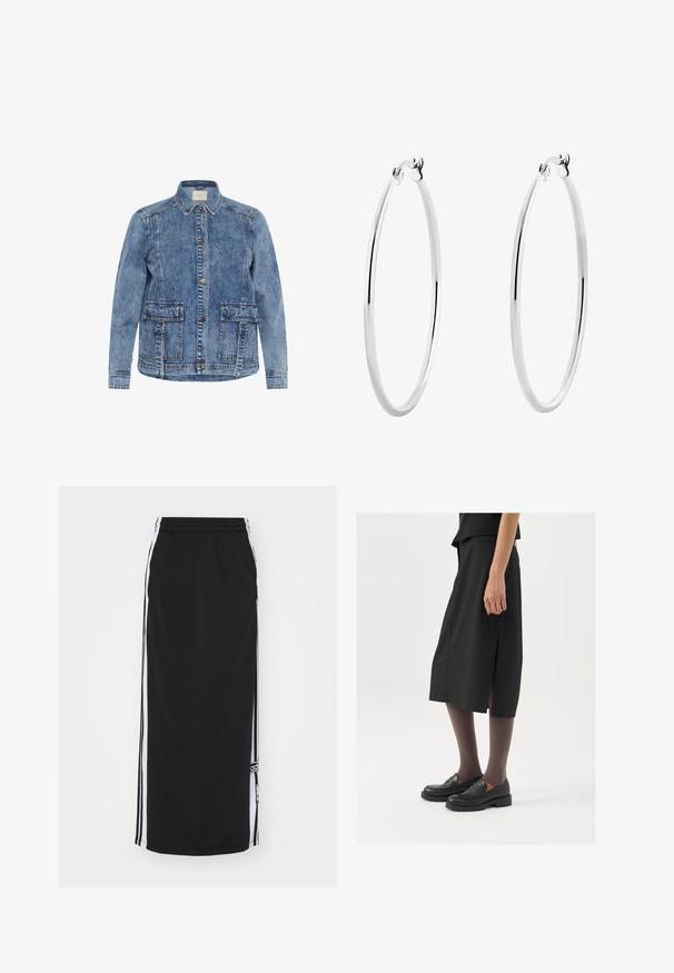 Svetle modrá džínsová bunda s límečkem, zapínáním na knoflíky vpředu a dvěma velkými našitými kapsami. Má kontrastní švy a volný střih.; Šedý žebrovaný tílko s kulatým výstřihem a bez rukávů. Měkká textura a přiléhavý střih, vhodné pro každodenní nošení nebo jako vrstvení.; Černá sportovní sukně s bílými bočními pruhy, elastickým pasem a logem. Vyrobena z prodyšného materiálu, délka po kolena.; Černá sukně ke kolenům s bočním rozparkem, v kombinaci s černými loafers a průhlednými hnědými punčochami, vyrobená z hladkého materiálu a s jednoduchým designem.; Stříbrné kruhové náušnice s hladkým, leštěným povrchem a tenkým, kruhovým tvarem. Design obsahuje bezpečné zapínání.