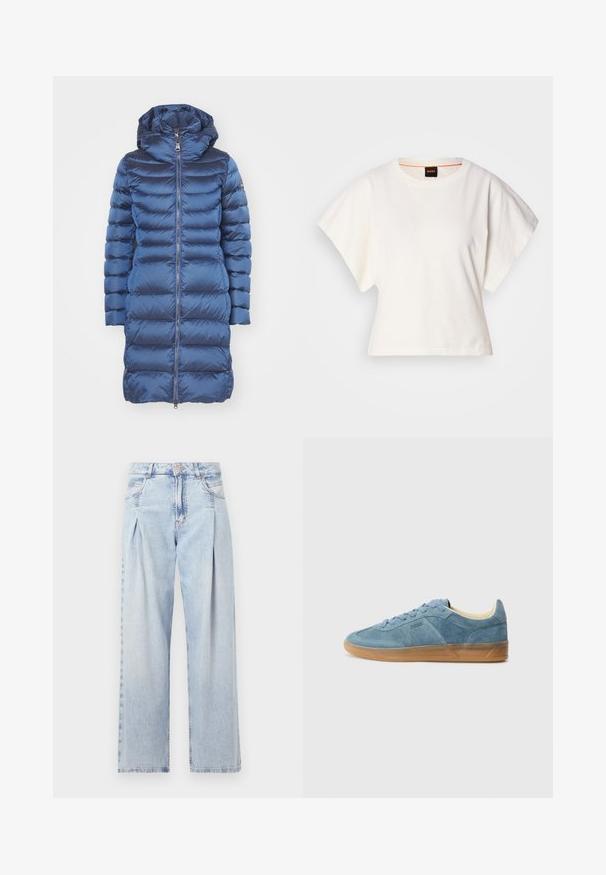 Colmar Originals LADIES JACKET - Dūnu mētelis - dark oxford; Balts īsais T-krekls, plašas īsas piedurknes, mīksts kokvilnas materiāls, apaļa kakla izgriezums ar delikātu oranžu apdari, minimāls dizains, bez rakstiem vai grafikām.; Gaiši zilas džinsu bikses ar augstu jostasvietu, plats kāju griezumu, divām sānu kabatām un krokotā dizaina akcentiem. Mīksta tekstūra ar izdilušu apdari.; Gaiši zili zamšas sporta apavi ar gumijas zoli, ar zemu profilu, auklām priekšā un izsmalcinātu zīmolu logotipu sānos.
