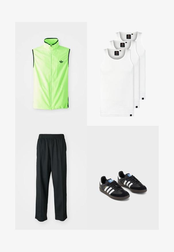Colete atlético sem mangas, verde néon, com fecho à frente, gola alta e detalhes em preto, apresentando um pequeno logótipo preto no lado esquerdo do peito.; Três tops em algodão de alças brancas com nervuras. Apresentam um decote redondo e pequenas etiquetas pretas perto da bainha. Disponíveis em vários tamanhos.; Calças atléticas pretas com um cós elástico, feitas de tecido suave, com costuras laterais discretas e um ajuste descontraído, design de perna reta.; Sneakers pretos com parte superior em camurça e sintético, apresentando três riscas brancas, sola de borracha texturizada e etiqueta azul no linguete.