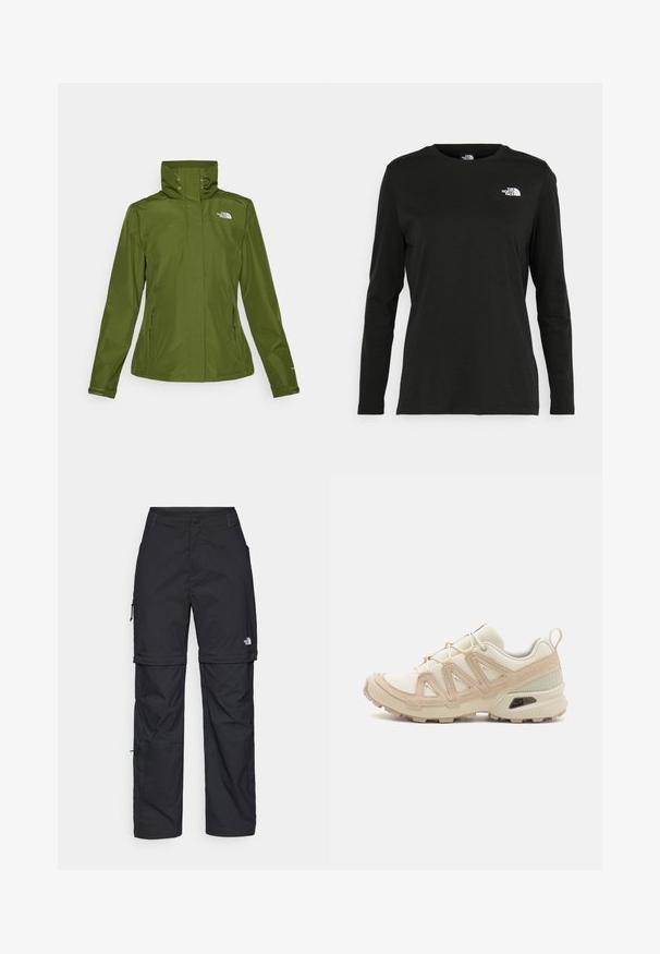 Ūdensnecaurlaidīga zaļa jaka ar augstu apkakli, rāvējslēdzēja sānu kabatām un elastīgām aprocēm. Rūpējas par nelielu logo kreisajā augšējā priekšpusē.; Melnas garām piedurknēm T-krekls, izgatavots no kokvilnas ar apaļu kaklu. Tam ir mazs balts logo kreisajā krūtīs. Vienkāršs dizains un piegulums.; Melni nailona bikses ar noņemamām kājām, regulējamiem uzmavām, vairākām kabatām un logotipu uz labās kājas. Gluda, viegla tekstūra.; Beige un krēma sporta apavi ar strukturētu tīkla virsmu, atbalstošajiem slāņiem un gumijas zoli ar protektoru rakstu, kas nodrošina saķeri.