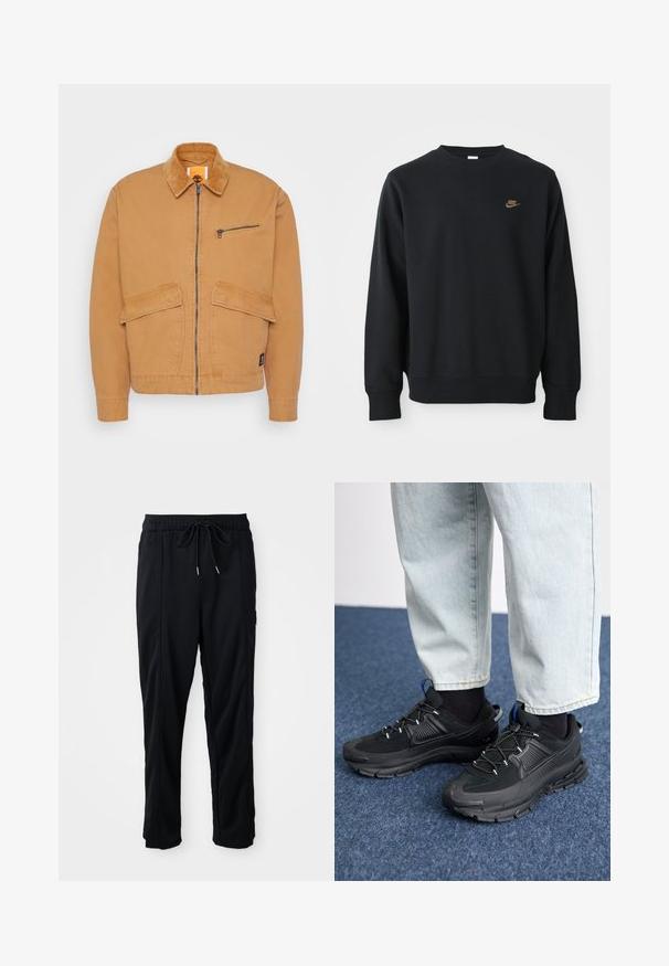 Brun jacka med en kordflöjlskrage, framsidan har dragkedjestängning och två stora fickor. Har en liten ficka med dragkedja på bröstet och en logotyppatch.; Svart sweatshirt i mjukt tyg, med rund hals, långa ärmar och en liten guldfärgad Nike-logotyp på bröstet.; Svarta byxor med dragsko i midjan, avslappnad stil, med sidfickor och rak benklippning på en plain bakgrund.; Svarta sportskor med texturerat tyg och gummisulor, med elastiska snörningar och en blå detalj på hälen. Bärs med ljusa jeans.