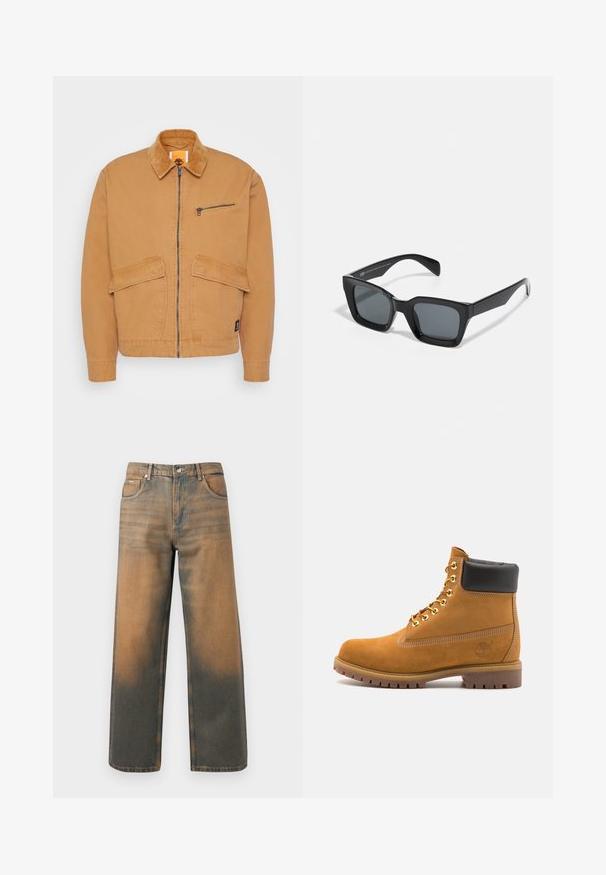 Beige Jacke mit einem Cordkragen, Frontreißverschluss und zwei großen Taschen. Verfügt über eine kleine Taschen mit Reißverschluss auf der Brust und ein Logo-Patch.; Weißer Hoodie mit einem großen, gedruckten Ausweis-Design in Blau, Gelb und Schwarz, mit einer Fronttasche und Kapuze mit Zugband.; Weite Jeans aus verwittertem blauem und braunem Denim. Sie haben eine hohe Taille, Vorderseiten-Taschen und einen klassischen Knopfverschluss mit metallischen Akzenten.; Beige Wildleder-Ankle-Boot mit schwarzem gepolstertem Kragen, goldenen Metallösen, weißen Nähdetalben und einer robusten Gummisohle mit ausgeprägtem Profil.; Schwarze rechteckige Sonnenbrille mit dunklen Gläsern. Kunststoffrahmen mit glänzender Oberfläche, ausgestattet mit einer breiten Brücke und leicht verjüngten Bügeln.