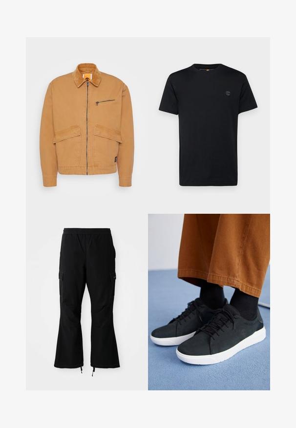 Chaqueta marrón con cuello de pana, cierre frontal con cremallera y dos grandes bolsillos. Presenta un pequeño bolsillo en el pecho con cremallera y un parche con el logo.; Camiseta de algodón negra con cuello redondo, mangas cortas y un pequeño logotipo bordado en el pecho. Textura suave, corte clásico.; Pantalones cargo negros con cintura elástica, con bolsillos laterales y piernas acampanadas con cremalleras en los puños, exhibidos sobre un fondo blanco.; Zapatillas de ante negro con suelas de goma blanca, que presentan un diseño con cordones, acentos texturizados y una marca sutil, combinadas con pantalones marrones.