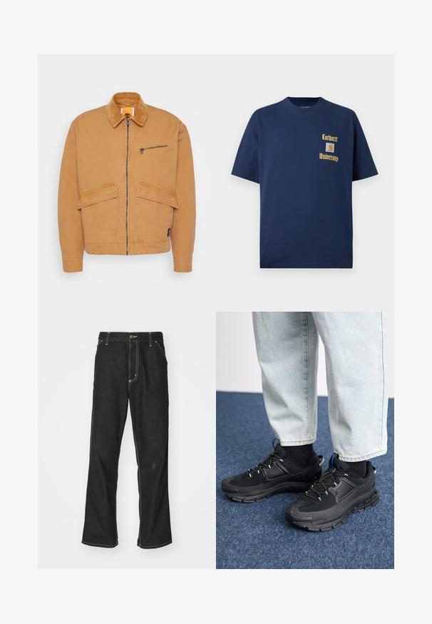 Nude striukė su velveto apykakle, priekyje užtrauktukas ir dvi didelės kišenės. Turi mažą užtrauktuką krūtinės kišenėje ir logotipo pleistrą.; Tamsiai mėlyna medvilninė marškinėliai trumpomis rankovėmis, su auksiniu tekstu "Carhartt University" ir logotipo siuviniu kairėje krūtinės pusėje.; Juodi džinsai su laisvu siluetu, turintys kontrastingas balto siūlo siūles, mygtuko uždarymą ir tiesų kojos dizainą.; Juodi sportiniai bateliai su tekstūruota medžiaga ir guminiais padais, su elastingomis raišteliais ir mėlynu akcentu ant kulno. Dėvimi su šviesiai mėlynomis džinsinėmis kelnėmis.