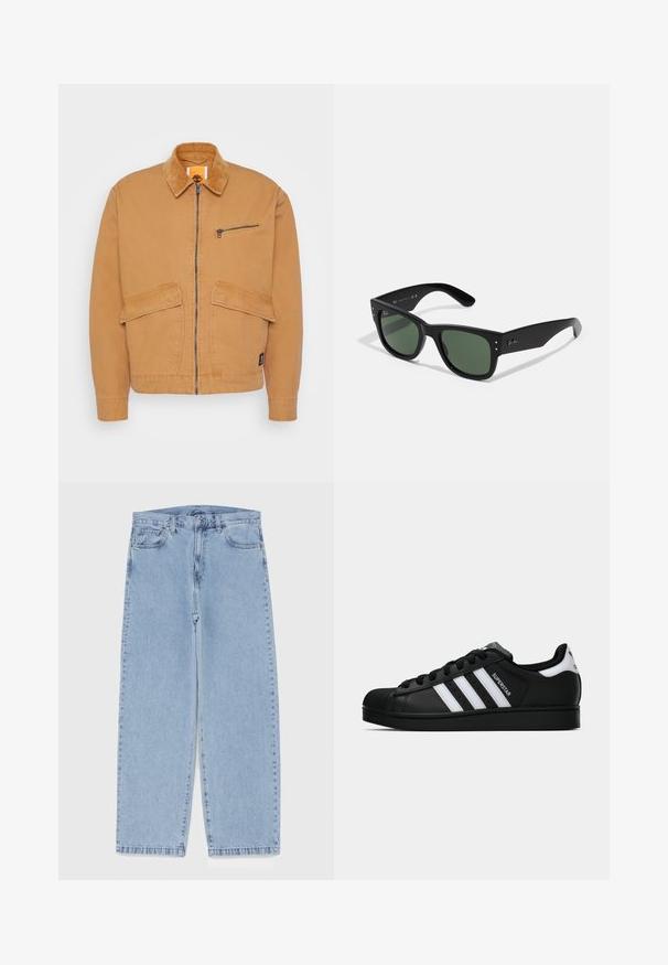 Tamna jakna s potplatom od pamuka, prednjim zatvaračem na cipzaru i dva velika džepa. Ima mali džep na cipzar i logotip na kragnu.; Bijeli pamučni majica bez rukava s okruglim izrezom, širokim naramenicama i ravnim rubom, s glatkom teksturom i bez vidljivih uzoraka.; Svijetloplave traperice s ravnim nogavicama, sa srednjim strukom, pet džepova i zatvaranjem na dugme i patentni zatvarač.; Crne Adidas Superstar tenisice s bijelim prugama, konusom na vrhu i natpisom "Superstar" sa strane, prikazane u bočnom profilu na bijeloj pozadini.; Crne pravokutne sunčane naočale sa zelenim staklima, mat završetkom, suptilnim metalnim detaljima i utisnutim logotipom na dršku.; Crna kožna torbica preko tijela s preklopom, dva srebrna kopčanja, žutim šavovima i podesivim remenom. Ima glatku teksturu i kompaktan dizajn.