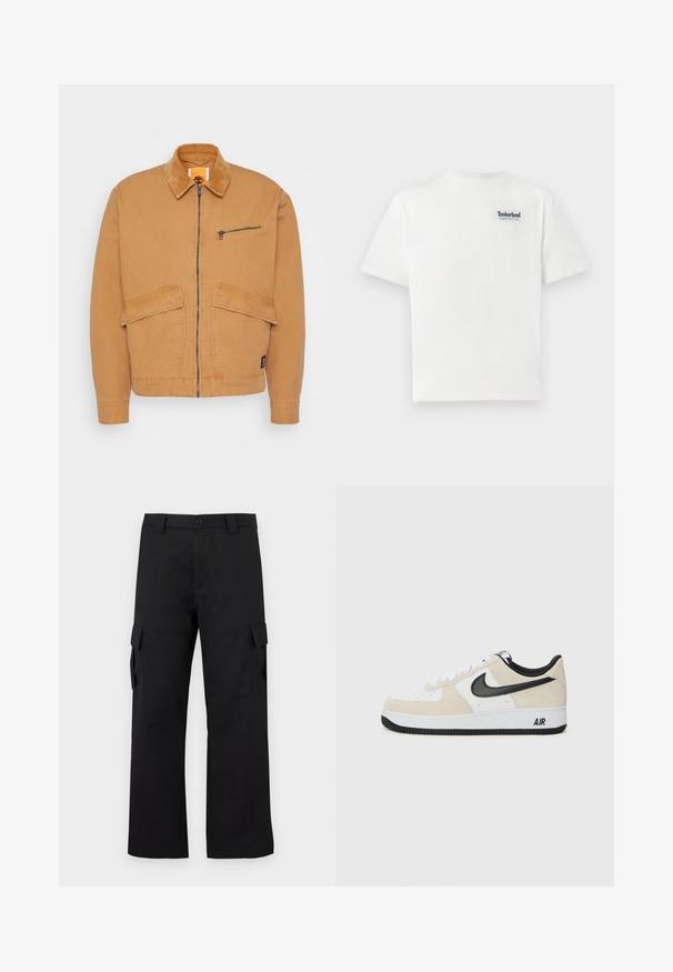 Tan jack met een corduroy kraag, voorritssluiting en twee grote zakken. Heeft een kleine ritssluiting op de borst en een logo-opdruk.; Witte katoenen T-shirt met een blauw geborduurd logo "Timberland Rugged Active Gear" op de bovenste linkerborst. Korte mouwen en ronde hals.; Zwarte cargobroek met een recht gesneden ontwerp. Gemaakt van duurzaam materiaal, met twee zijzakken met klep en een knoopsluiting.; Sneakers met een lichtbeige suède en witte leren bovenkant, zwarte Nike swoosh, zwarte accenten en een witte rubberen zool met "AIR" branding.