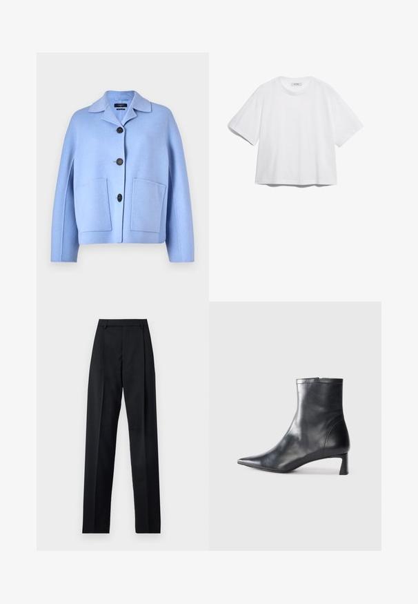 WEEKEND MaxMara SALE - Puspaltis - light blue; Balta medvilninė marškinėliai su trumpomis rankovėmis, apvaliu iškirpimu, laisvu siluetu ir be matomų raštų ar grafikų. Lygus paviršius ir paprastas dizainas.; Juodos kelnės iš lygaus audinio, pasižyminčios aukštu liemeniu, plačiomis kojomis, priekinėmis klostėmis ir klasikiais diržo kilpomis. Šoninių kišenių nematyti.; Juodas odinis kulkšninis batas su smailiu pirštu ir elegantišku dizainu. Turi žemą kulną ir užtrauktuką gale. Lygi tekstūra.