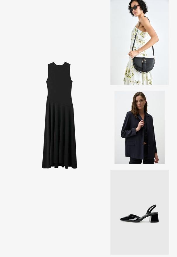 Blazer navy a righe sottili in tessuto leggero, con colletto a punta, chiusura frontale con un bottone singolo e dettagli con tasche laterali.; Abito maxi senza maniche nero con busto aderente e gonna svasata, caratterizzato da una texture liscia e un design minimalista, senza chiusure visibili.; Décolleté in vernice nera con punta affusolata e tacco in geometria cubica. Presentano un design elegante e minimalista, con una texture liscia.; Borsa a tracolla nera in pelle con una forma curva, manico rimovibile e accessori dorati. La borsa presenta una patta con un dettaglio a fibbia.