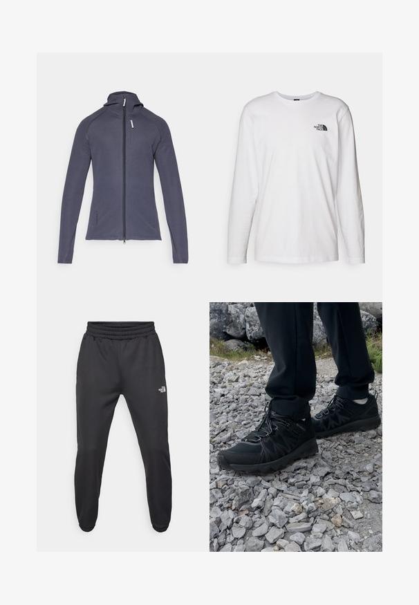 Donkergrijze zip-up jas met een aansluitend design, lange mouwen en een capuchon. Heeft een borstzak met rits en een gestructureerde stof.; Witte lange mouwen T-shirt gemaakt van katoen met een ronde hals. Beschikt over een klein zwart logo op de borst. Soepele textuur, normale pasvorm.; Zwarte sweatpants met een trekkoord in de taille, tapered fit, elastische boorden en een klein wit logo op de linker dij, gemaakt van gladde stof.; Zwarte buitenschoenen van mesh en synthetisch materiaal, met een gestructureerd bovenwerk, een beveiligd vetersysteem en een robuuste zool, op een ruig terrein.