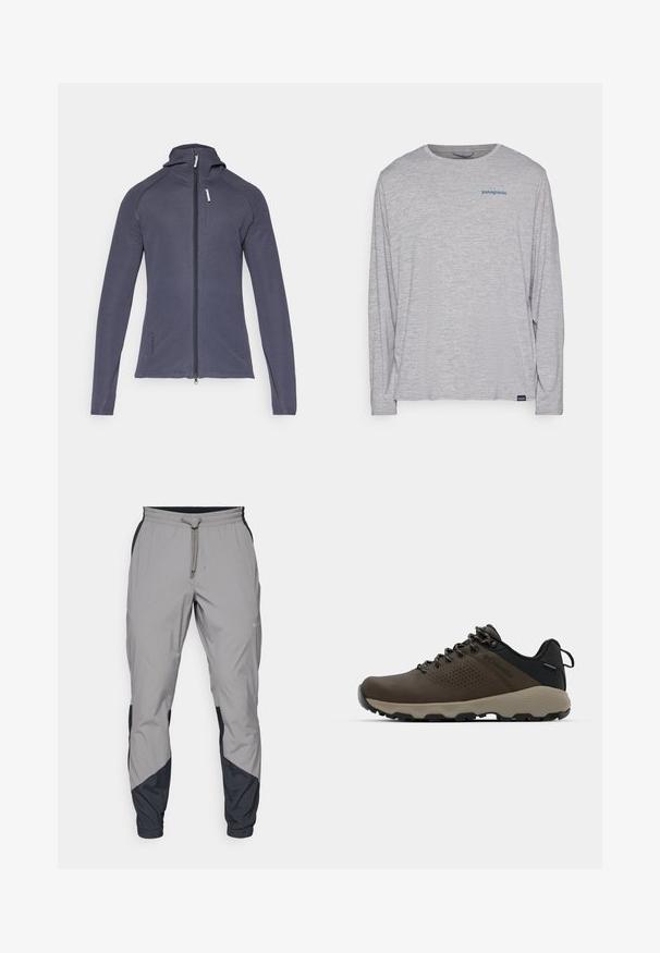 Tmavě šedá zapínací bunda s obepnutým střihem, dlouhými rukávy a kapucí. Obsahuje náprsní kapsu se zipem a texturovanou tkaninu.; Světle šedé dlouhé tričko s dlouhým rukávem vyrobené z jemné, texturované látky. Má kulatý výstřih a malou modrou Patagonia logo na hrudi.; Lehké šedé sportovní kalhoty s černými detaily. Elastický pas, stahovací šňůrka, tapered nohavice a boční kapsy.; Hnědé nepromokavé sneakers s texturovaným svrškem, perforovanými detaily, černým oporou paty a šedou gumovou podrážkou. Šňůrky mají kovové konce.