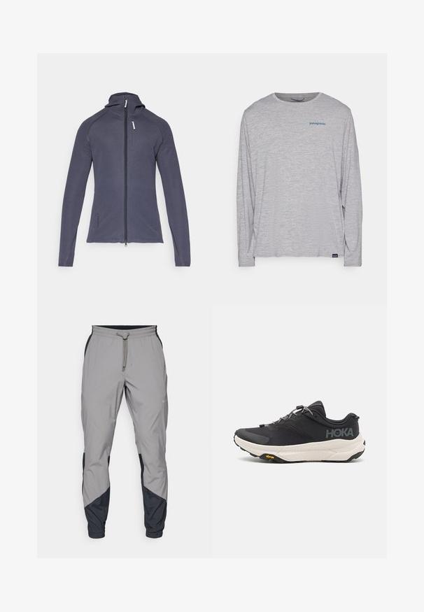 Temno siva zip-up jakna s prilegajočim krojem, dolgimi rokavi in kapuco. Ima žep na prsih z zadrgo in teksturirano blago.; Svetlo siva majica dugih rukava od mekog, teksturiranog materijala. Ima okrugli izrez i mali plavi Patagonia logo na grudima.; Lahki, sivi atletski hlače z črnimi dodatki. Elastika v pasu, zategovalna vrvica, oblikovana noga in stranske žepe.; Črna športna copata z teksturiranim zgornjim delom, s srebrnimi detajli, odsevnimi elementi in debelim belim podplatom, ki nosi blagovno znamko Vibram.