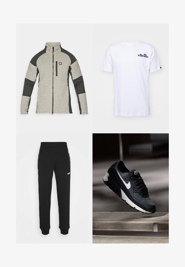 Giacca in pile con colletto alto, corpo principale grigio, maniche verde scuro e zip frontale. Presenta un piccolo logo sul petto.; T-shirt bianca in cotone con maniche corte, caratterizzata da un logo ricamato blu navy sul lato sinistro del petto e un accento di colore vivace sopra il logo.; Pantaloni della tuta neri realizzati in un tessuto morbido presentano un design con gamba affusolata, vita elastica, tasche laterali con cerniera e un piccolo logo decorativo.; Sneaker nera e verde con una tomaia in rete a motivo, logo swoosh bianco, collare imbottito e un'unità di ammortizzazione visibile nella suola.