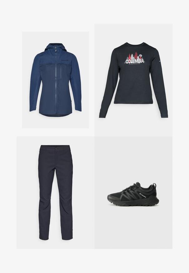 Ναυτικό αδιάβροχο μπουφάν με φουλ φερμουάρ, ρυθμιζόμενη κουκούλα και πλαϊνές τσέπες με φερμουάρ. Λείος υφασματικός ιστός και ελάχιστες λεπτομέρειες branding.; Μακρυμάνικο σκούρο γκρι πουκάμισο με γραφικό κόκκινων δέντρων και βουνών; το λογότυπο "COLUMBIA" σε έντονο λευκό κείμενο. Μαλακό ύφασμα, τυπικός στρογγυλός λαιμός.; Ναυτικού χρώματος παντελόνι από λείο ύφασμα, με κλείσιμο μπροστά με κουμπί, σε εφαρμοστό σχέδιο και πτυχώσεις στα γόνατα.; Columbia PEAKFREAK - Παπούτσια πεζοπορίας - black
