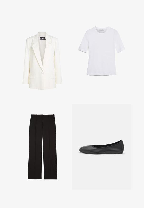 Bílý blejzr s klopovým límcem, zapínáním na jeden knoflík a jemnými kruhovými vzory. Dva přední kapsy dotvářejí design.; Bílá tričko s krátkým rukávem vyrobené z žebrované tkaniny. Kulatý výstřih, normální střih a jemné detaily šití. Bez vzorů nebo grafik.; Černé elegantní kalhoty na míru vyrobené z hladké látky, s rovnými nohavicemi a dvěma postranními kapsami. Elegantní a minimalistická konstrukce.; Černé kožené baletní byty s kulatou špičkou, hladkou texturou, minimálními švy a flexibilním designem podrážky.