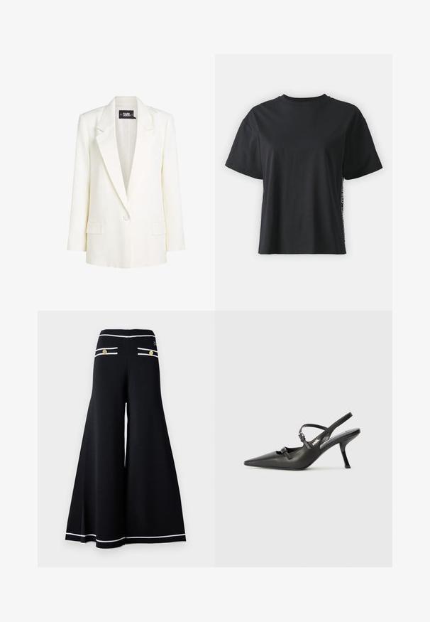 Valkoinen bleiseri, jossa on viistetty kaulus, yksi nappikiinnitys ja hienovaraisia pyöreitä kuvioita. Kaksi etutaskua viimeistelee muotoilun.; Musta lyhythihainen puuvillapaita rentoa mallia, jossa on erottuva sivupaneeli, johon on lisätty pieniä tekstejä ja yksityiskohtia.; Mustat leveät housut valkoisilla koristeommelluilla yksityiskohdilla, jossa on kultaiset napit takataskuissa ja sileä, teksturoitu kangaspinta.; Mustat nahkaiset slingback-korkokengät, joissa on terävä kärki, hoikka korko ja koristeellinen solkityyny varpailla. Tasainen pinta ja tyylikäs muotoilu.