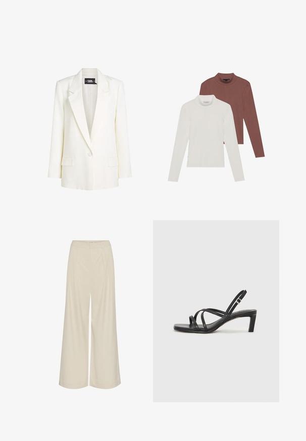 Fehér blézer, amelynek hajtott gallérja, egy gombos zárása és finom kör alakú mintázata van. A dizájnt két elülső zseb egészíti ki.; Két hosszúujjú garbós felső: az egyik fehér, a másik rozsdabarna, könnyű, rugalmas anyagból készült, testhez simuló fazonnal.; Széles szárú nadrág, világos bézs színű anyagból, pliszírozással, magas derékkal és sima textúrával, látható díszítések nélkül.; Fekete pántos szandál négyzetes orral és alacsony blokk sarkal. Több vékony pánttal és állítható boka pánttal rendelkezik. Sima bőrből készült.