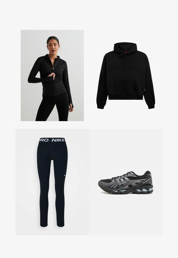 Jachetă sport neagră cu fermoar, cu mâneci lungi, design ajustat, buzunare frontale și găuri pentru degete. Material neted, elastic, cu cusături minime.; Sweatshirt negru cu glugă, fabricat dintr-un amestec de bumbac. Are o buzunar frontal, manșete și tiv zimțat, cu o croială relaxată și scurtă. Textură netedă.; Leggings negre Nike cu talie Pro, având un logo alb pe coapsa stângă. Fabricate din material elastic, concepute pentru confort și mișcare.; Pantofii sport negri cu superior din plasă, accente argintii și o talpă căptușită. Prezintă un design cu șireturi și o textuală pentru aderență.