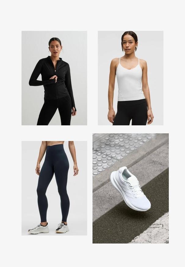 Musta vetoketjullinen urheilu takki, jossa on pitkät hihat, istuva muotoilu, etutaskut ja peukalonreiät. Suora, joustava kangas, jossa on vähän saumoja.; Valkoinen toppi ohuilla olkaimilla, V-pääntiellä ja istuvalla siluetilla. Sileä pinta, minimaalinen yksityiskohtaisuus, käytetään mustien legginsien kanssa.; Korkeavyötäröiset tummansiniset legginsit, jotka on valmistettu joustavasta kankaasta, jossa on sileä pinta ja tiukka muotoilu. Yhdistetty valkoisiin ja mustiin urheilukenkäihin.; Valkoiset urheilukengät, joissa on verkkopinta, nauhakiinnitys ja teksturoitu pohja. Huomaamaton brändäys ja saumatonta rakennetta korostavat yksityiskohdat.