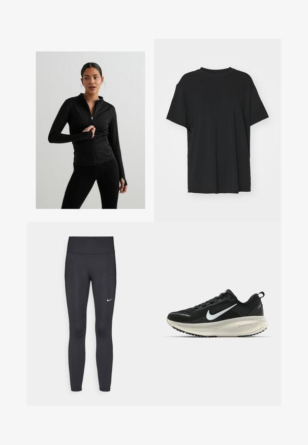 Svart zip-up treningsjakke med lange ermer, tettsittende design, frontlommer og tommelhull. Glatt, elastisk stoff med minimale sømmer.; Svart t-skjorte med korte ermer laget av glatt stoff, med rund hals og løs passform. Har sideslisser for ekstra komfort og pusteevne.; Sorte leggings laget av elastisk stoff, med høy livlinje og en hvit Nike-logo på venstre lår. Glatt tekstur, kroppsnær passform.; Svart Nike løpesko med pustende mesh-overdel, hvit swoosh-logo, teksturert detaljer og en kremfarget ZoomX mellomsåle.