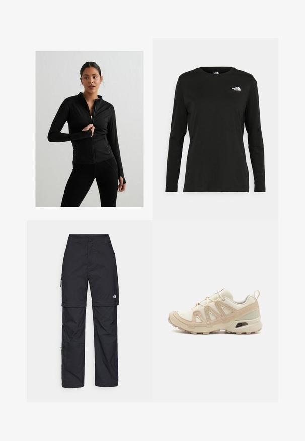 Mustakateedega spordijakk, millel on pikad varrukad, pehme ja veniv kangas koos väikeste õmblustega. Jakk on korrektselt liibuv, esiosas on taskud ja varrukaotsades on sõrmeaugud.; Must mustahiheline T-särk, millel on pikad varrukad, valmistatud puuvillast ja ümarast kaelusest. Vasakul rinnal on väike valge logo. Lihtne disain ja sobivus.; Mustad nailonist valmistatud eemaldatavad cargo-püksid, reguleeritavate pahkluudega, mitmete taskutega ja paremal jalal logoga. Sile, kerge tekstuur.; Beež ja koobalti spordijalats tekstureeritud võrkkattega, toetavad ülemised kihid ja kummist tallaga, millel on mustriga joonistus haardeks.