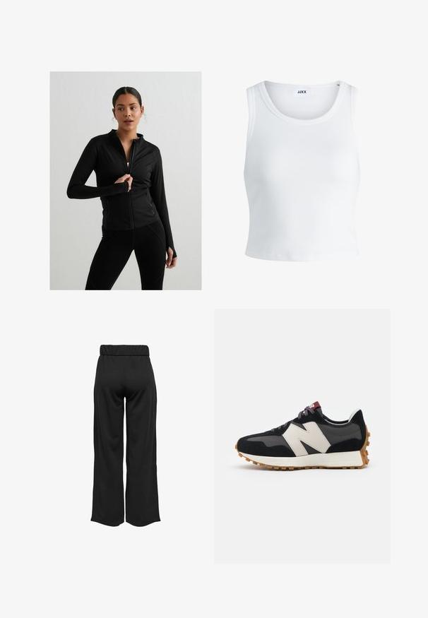 Črna zip-up športna jakna z dolgimi rokavi, prilegajočim dizajnom, sprednjimi žepi in režami za palce. Gladko, raztegljivo blago z minimalnimi šivi.; Bela rebrasta majica brez rokavov z okroglim izrezom in krajšo dolžino. Oznaka navaja "JJXX." Gladka tekstura tkanine.; Črne hlače širokega kroja z elastičnim pasom, izdelane iz gladkega materiala. Imajo preprost dizajn brez žepov ali vidnih šivov.; Črne in sive semiš športne copate z velikim kremnim logotipom "N", vijoličastimi vezalkami in teksturiranim gumijastim podplatom.